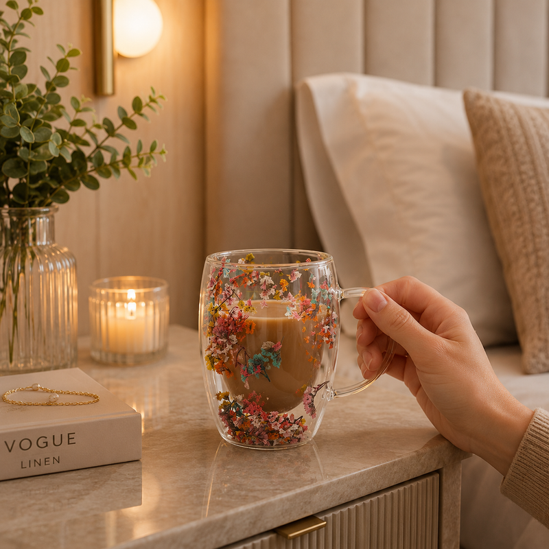 Caneca Flowers Artesanal em Vidro Duplo