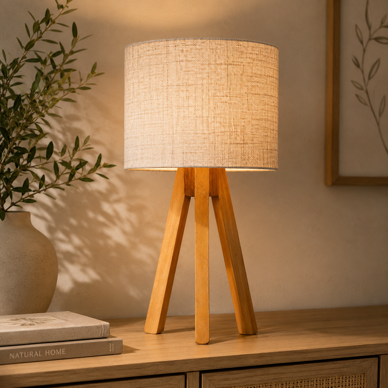 Abajur de Madeira Rústico Tripé | Luminária de Mesa Bivolt Decorativa
