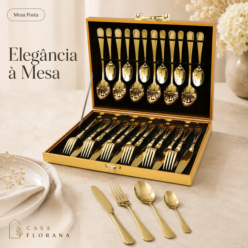 Jogo Talheres 24 Peças Faqueiro Dourado Aço Inox Premium Luxo cozinha Com Maleta