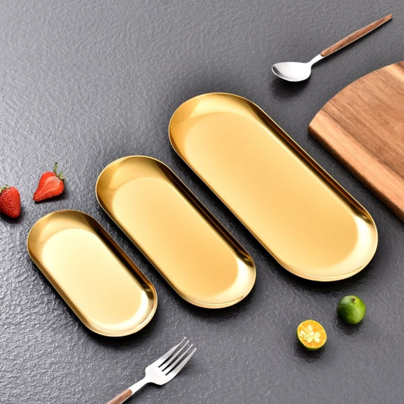 Bandeja Aco Inoxidavel Luxo Decorativa para Jóias Alimentos Dourado