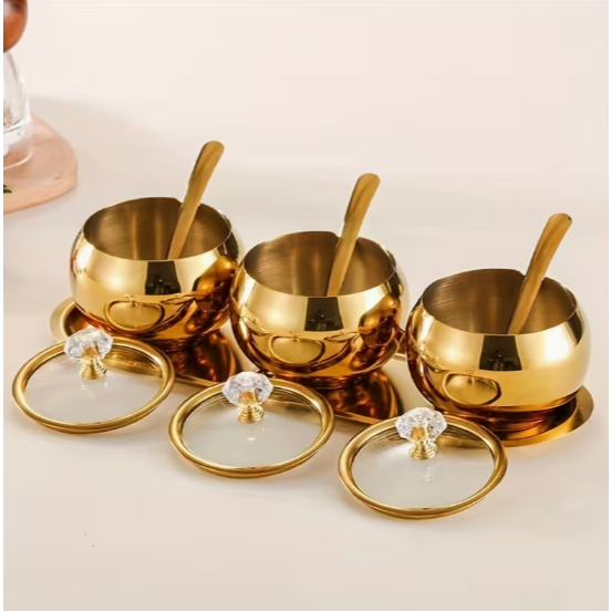 Kit Potes Açúcar Condimentos Com Bandeija Aço Inox 304 Esférico Cozinha Luxuoso Moderno Organizador
