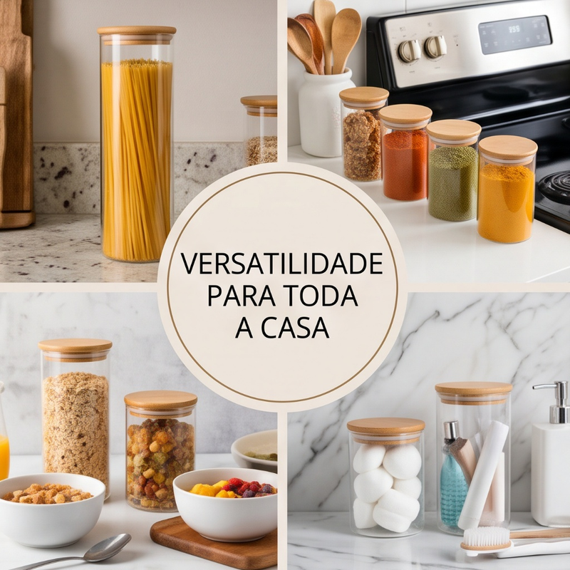 Kit 13 Potes Hermético para Mantimentos de Cozinha Dispensa Armário Plástico Vidro c/ Tampa de Bambu