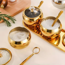Kit Potes Açúcar Condimentos Com Bandeija Aço Inox 304 Esférico Cozinha Luxuoso Moderno Organizador