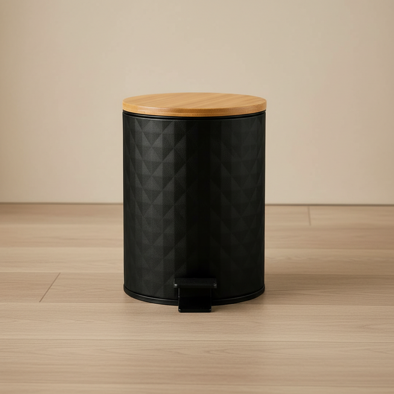 ✅ Lixeira 5L com Pedal e Tampa de Bambu | Ferro Premium | Moderna p/ Banheiro e Cozinha