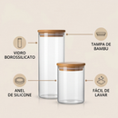 Kit 13 Potes Hermético para Mantimentos de Cozinha Dispensa Armário Plástico Vidro c/ Tampa de Bambu
