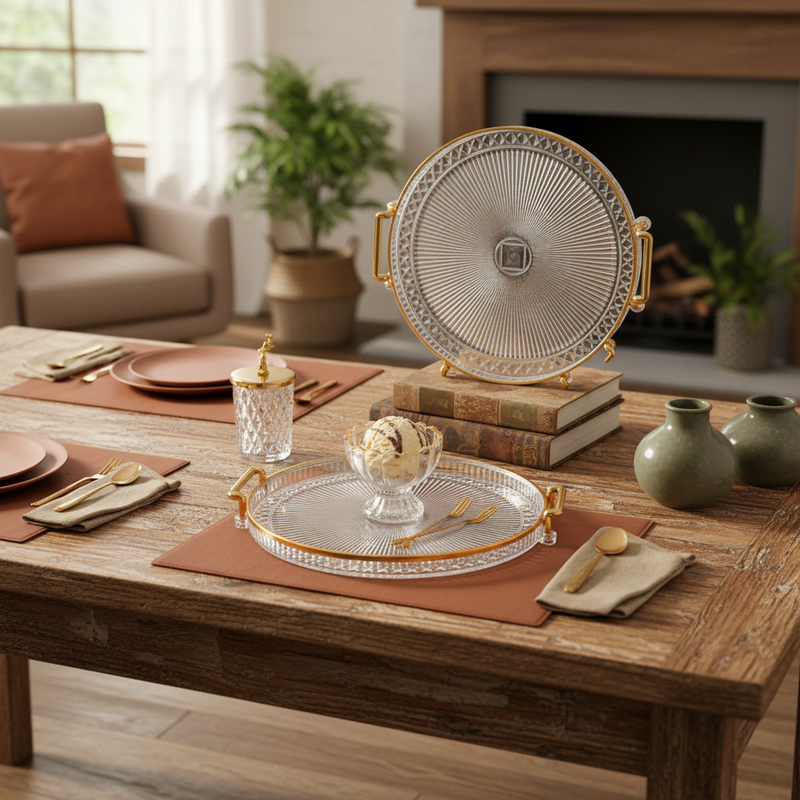 Bandeja Organizadora Decorativa Multiuso Para Servir Nórdica Com Alça e Detalhe em Dourado Decoração de Mesa