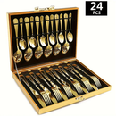Jogo Talheres 24 Peças Faqueiro Dourado Aço Inox Premium Luxo cozinha Com Maleta
